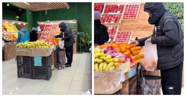 Мужчина крадёт апельсины в магазине