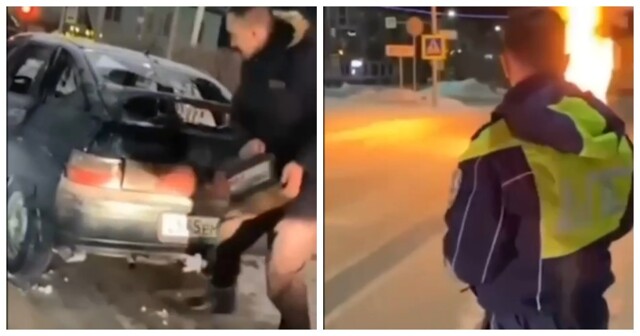 В Башкирии мужчина прямо на перекрестке сжёг свой автомобиль