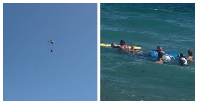 Падение мотопарапланериста в воду попало на видео