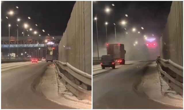 Самосвал с поднятым кузовом снёс надземный пешеходный переход на трассе М4