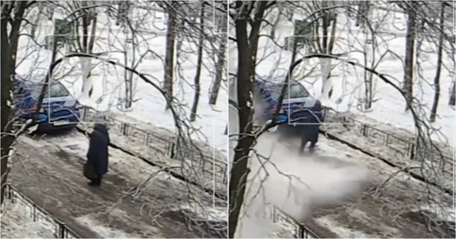 В Выборгском районе огромная льдина едва не упала на бабулю