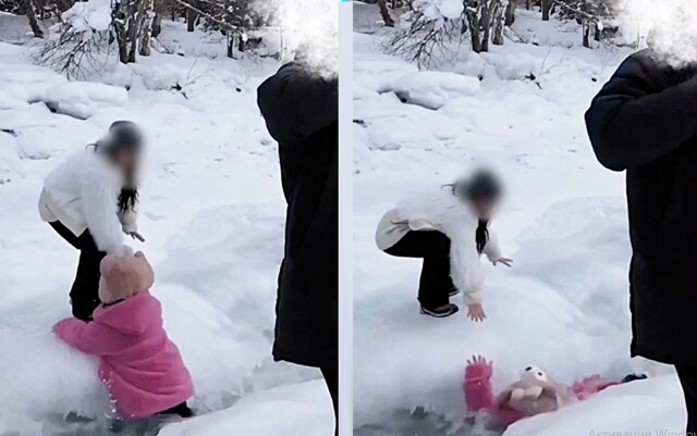 Девочка упала в ледяную реку, и мама бросилась её спасать