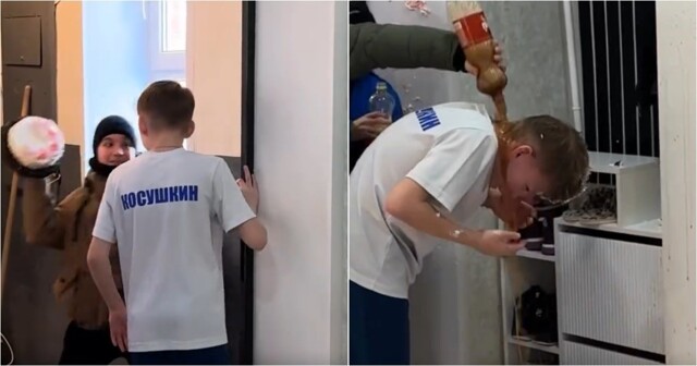 Парня закидали тортом и газировкой