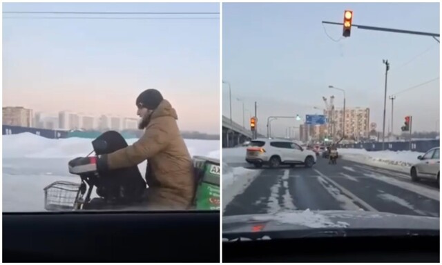 В Москве на Калужском шоссе заметили курьера-лихача, который ехал на электровелосипеде с ребёнком