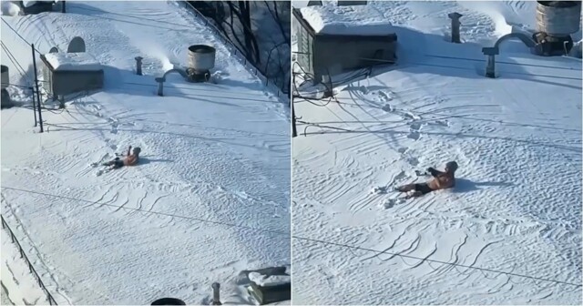 В Москве мужчина устроил снежное спа на крыше пятиэтажки
