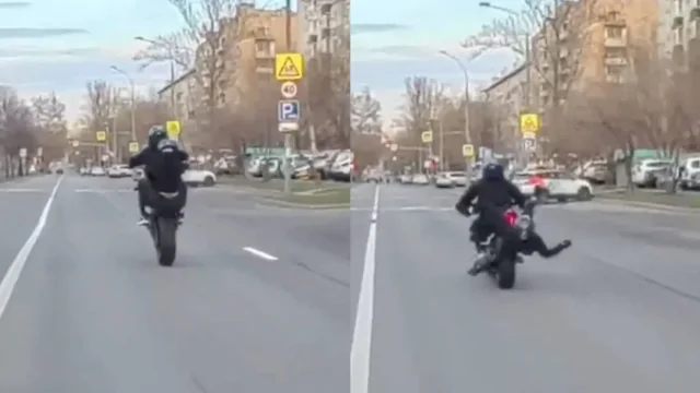 Опасный манёвр на мотоцикле и жёсткое приземление пассажирки