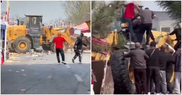 Мужчина на фронтальном погрузчике снёс палатки с людьми в Китае