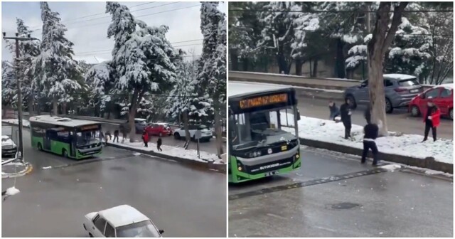 Водитель автобуса присоединился к снежной битве