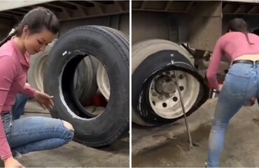 Девушка самостоятельно заменила покрышку грузовика